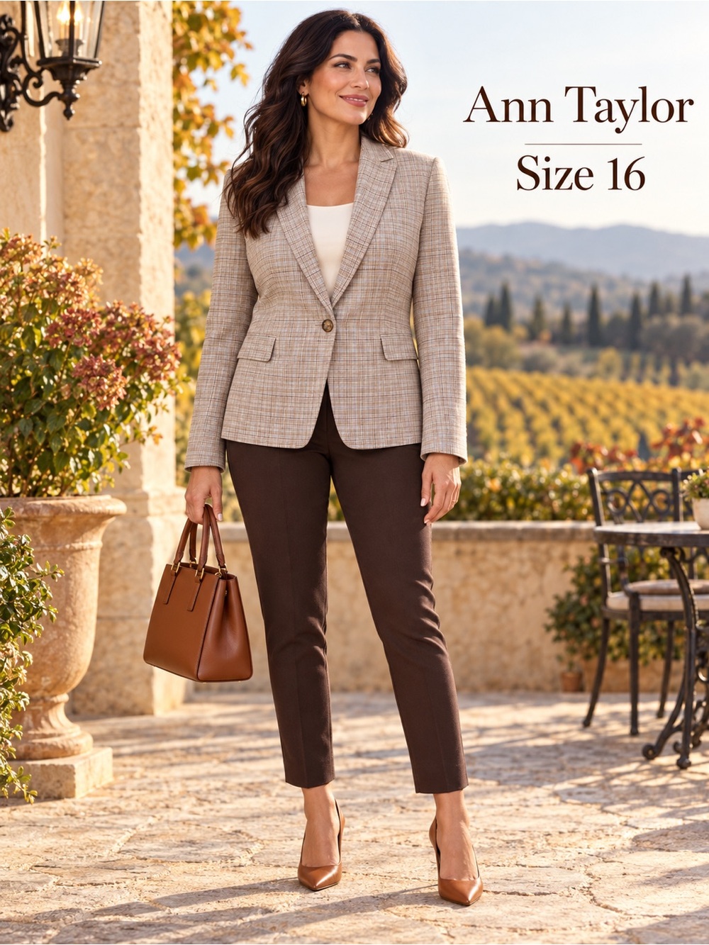 Ann Taylor Size 16 Beige Plaid One Button Blazer Stretch Career Jacket